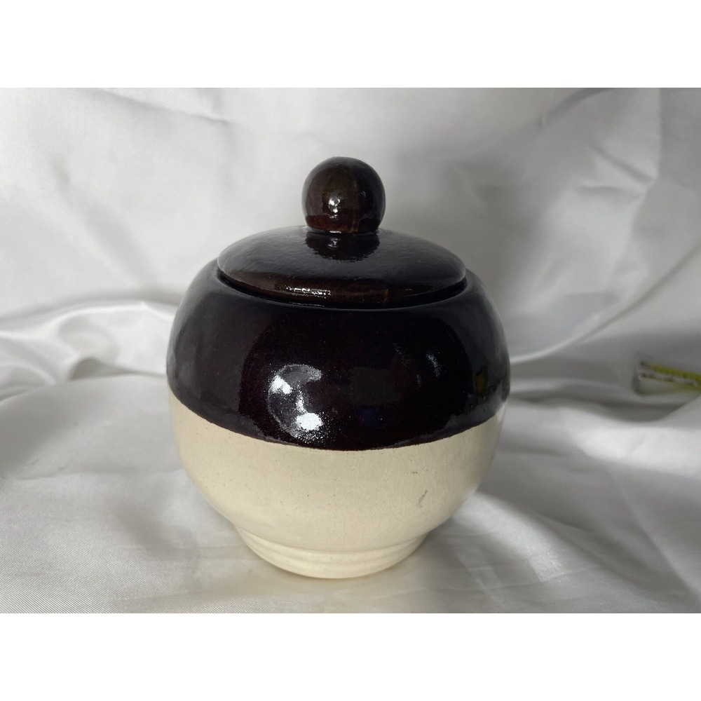 Roseville Pottery Sugar Bowl with Lid Two Tone Brown & Cream Marked USA